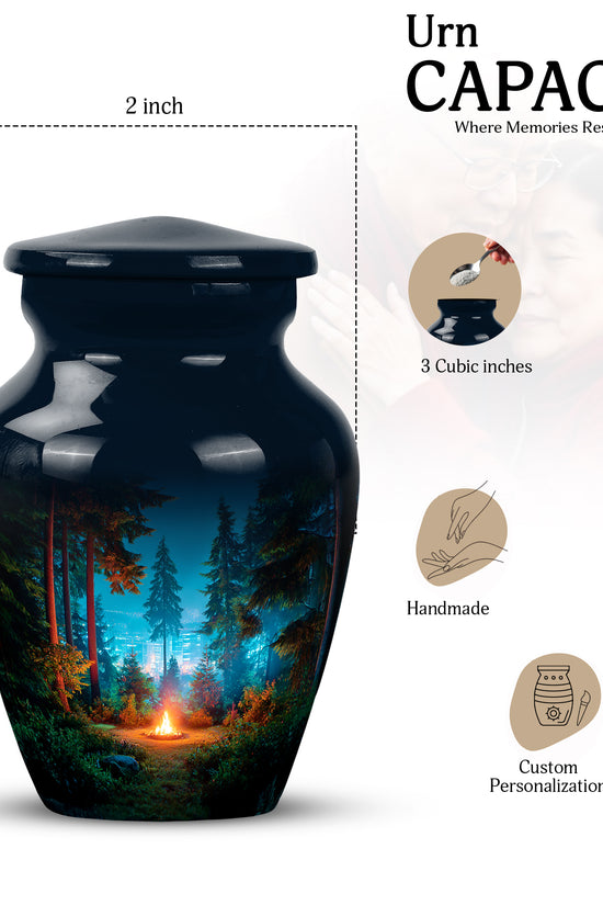 Jet Black Campfire Cremation Urn close-up of engraving and surface detail - classic sculpted campfire pattern on smooth aluminum - mini keepsake memorial for portion of cremation ashes