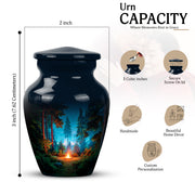 Jet Black Campfire Cremation Urn close-up of engraving and surface detail - classic sculpted campfire pattern on smooth aluminum - mini keepsake memorial for portion of cremation ashes