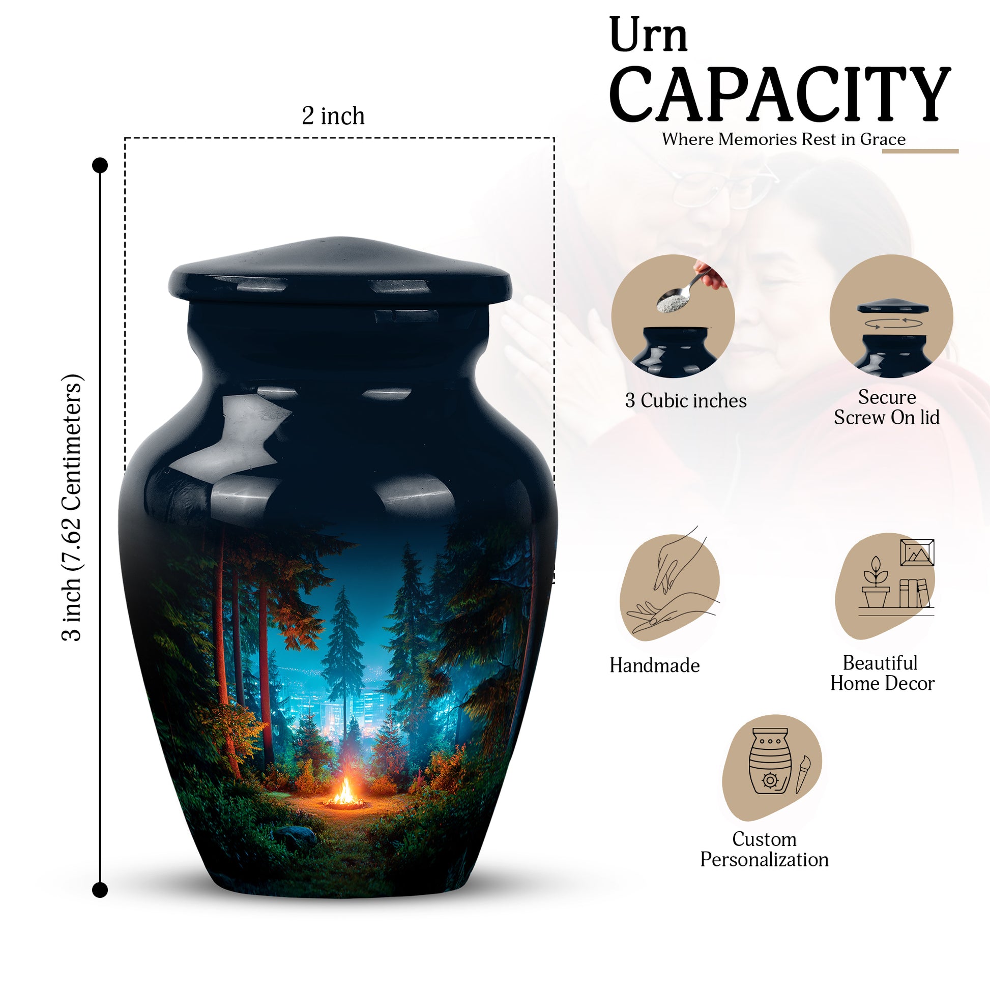 Jet Black Campfire Cremation Urn close-up of engraving and surface detail - classic sculpted campfire pattern on smooth aluminum - mini keepsake memorial for portion of cremation ashes