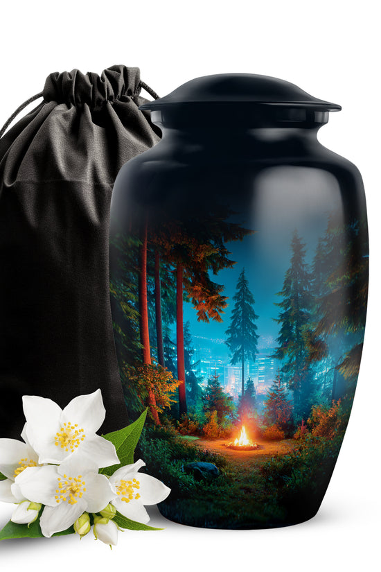 Ebony Campfire Cremation Urn angled view of lid and engraved motif - timeless campfire motif etched into premium metal - full-size 10 inch 200 cubic inch adult cremation urn