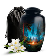 Ebony Campfire Cremation Urn angled view of lid and engraved motif - timeless campfire motif etched into premium metal - full-size 10 inch 200 cubic inch adult cremation urn