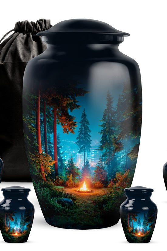 Onyx Black Campfire Cremation Urn top-down view of secure threaded lid - traditional campfire engraving with hand-polished finish - memorial set with one large and four small urns