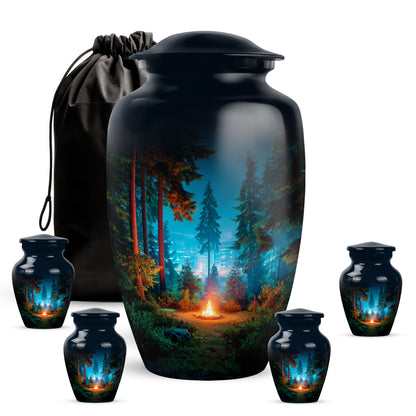 Onyx Black Campfire Cremation Urn top-down view of secure threaded lid - traditional campfire engraving with hand-polished finish - memorial set with one large and four small urns