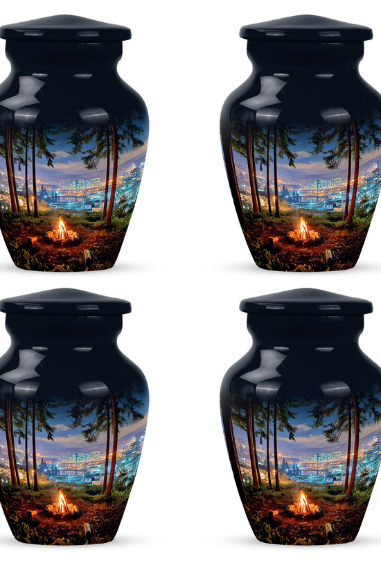 Twilight Blue Campfire Cremation Urn side profile showing urn shape - traditional campfire engraving with hand-polished finish - 10 inch aluminum urn for cremated remains