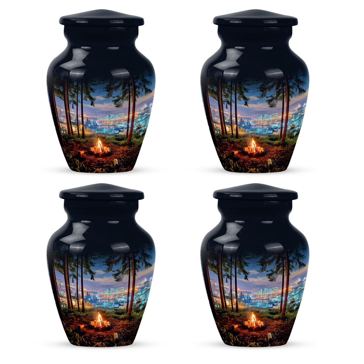 Twilight Blue Campfire Cremation Urn side profile showing urn shape - traditional campfire engraving with hand-polished finish - 10 inch aluminum urn for cremated remains