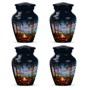 Twilight Blue Campfire Cremation Urn side profile showing urn shape - traditional campfire engraving with hand-polished finish - 10 inch aluminum urn for cremated remains