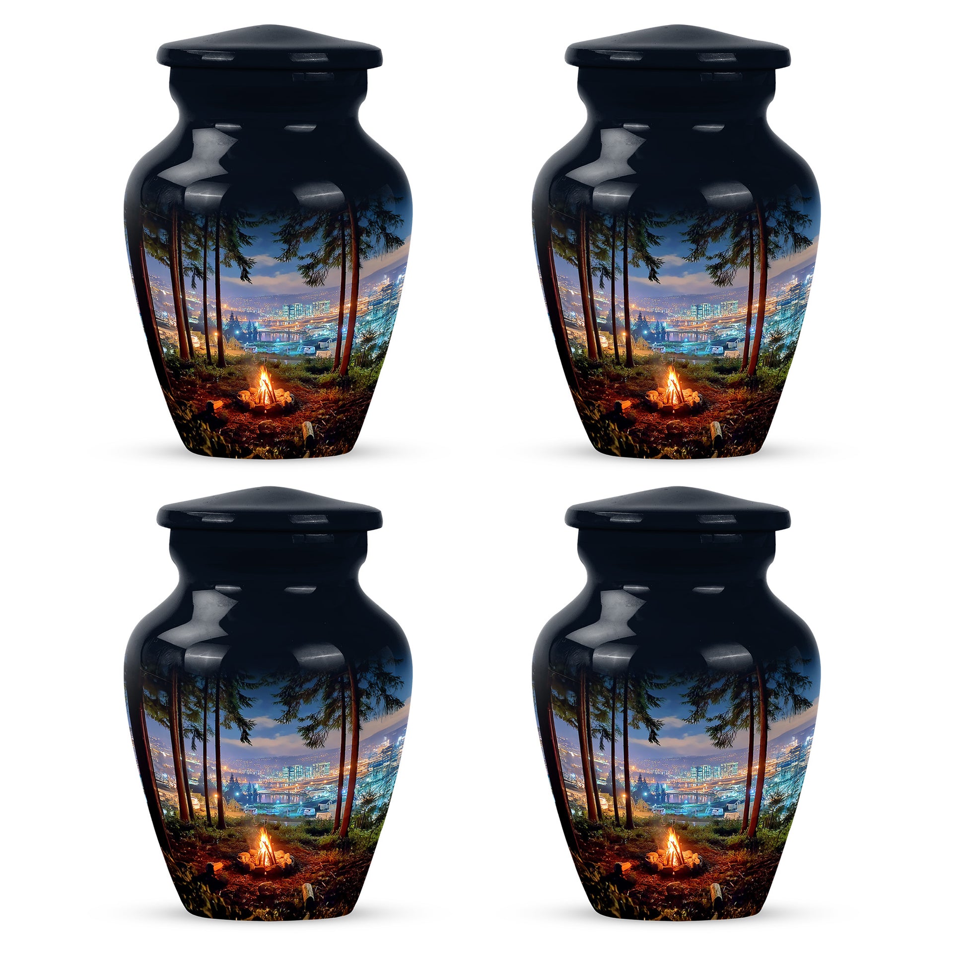 Twilight Blue Campfire Cremation Urn side profile showing urn shape - traditional campfire engraving with hand-polished finish - 10 inch aluminum urn for cremated remains