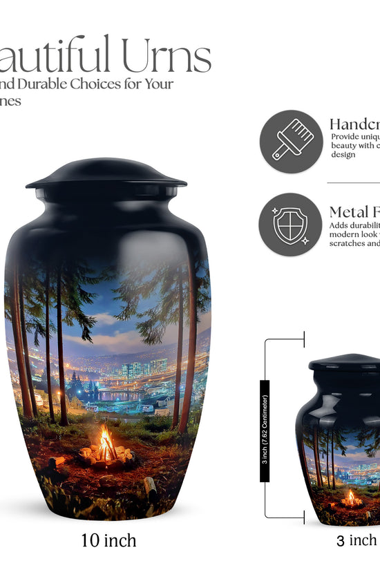 Icy Blue Campfire Cremation Urn close-up of engraving and surface detail - classic sculpted campfire pattern on smooth aluminum - mini keepsake memorial for portion of cremation ashes