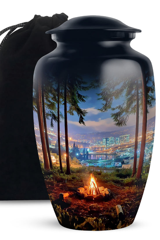 Calming Blue Campfire Cremation Urn angled view of lid and engraved motif - elegant classic campfire relief with fine detailing - full-size 10 inch 200 cubic inch adult cremation urn