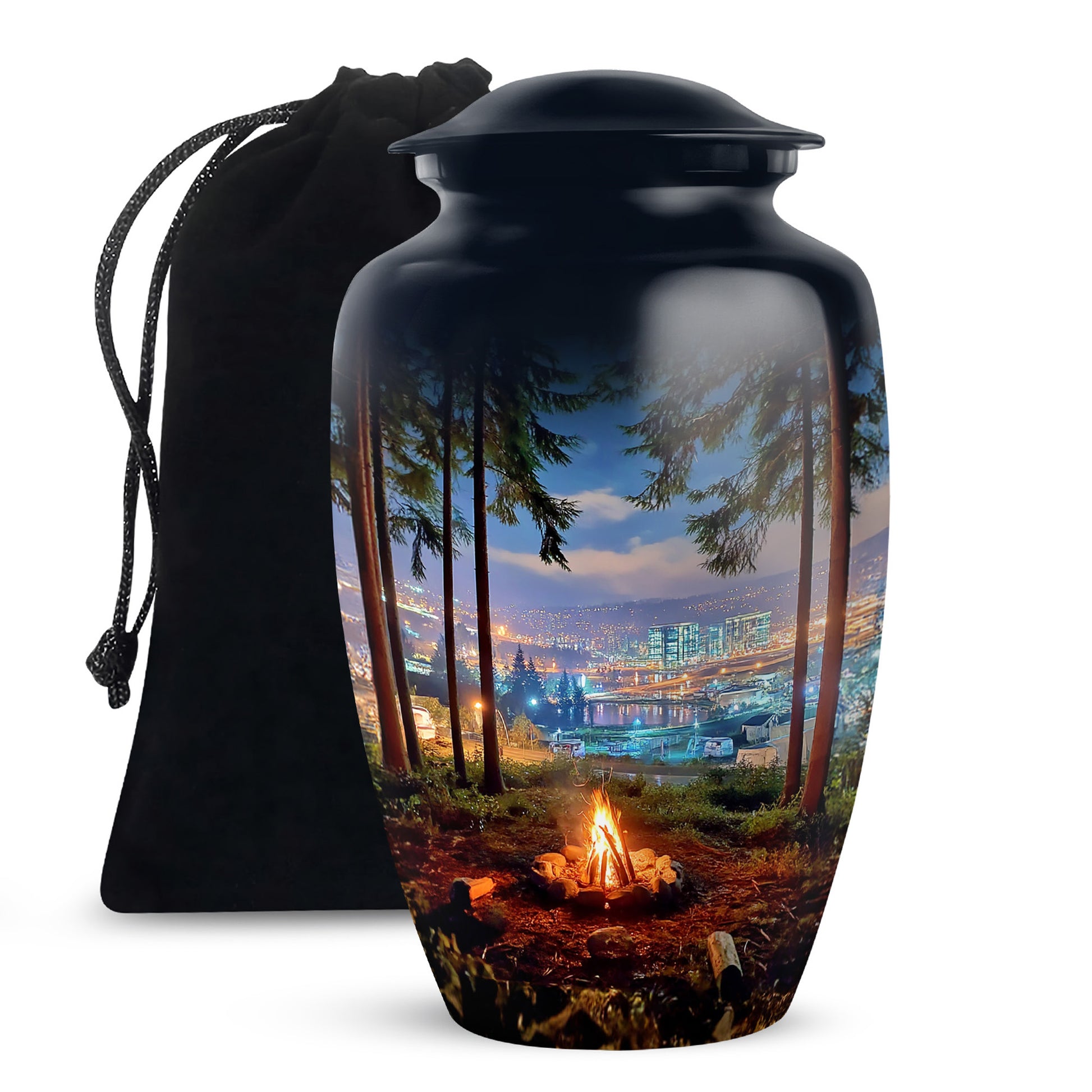Calming Blue Campfire Cremation Urn angled view of lid and engraved motif - elegant classic campfire relief with fine detailing - full-size 10 inch 200 cubic inch adult cremation urn