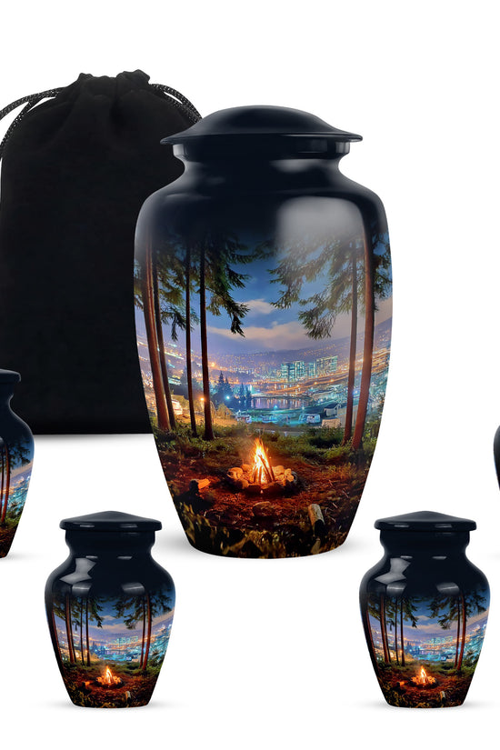 Dusty Blue Campfire Cremation Urn top-down view of secure threaded lid - timeless campfire motif etched into premium metal - memorial set with one large and four small urns