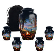 Dusty Blue Campfire Cremation Urn top-down view of secure threaded lid - timeless campfire motif etched into premium metal - memorial set with one large and four small urns