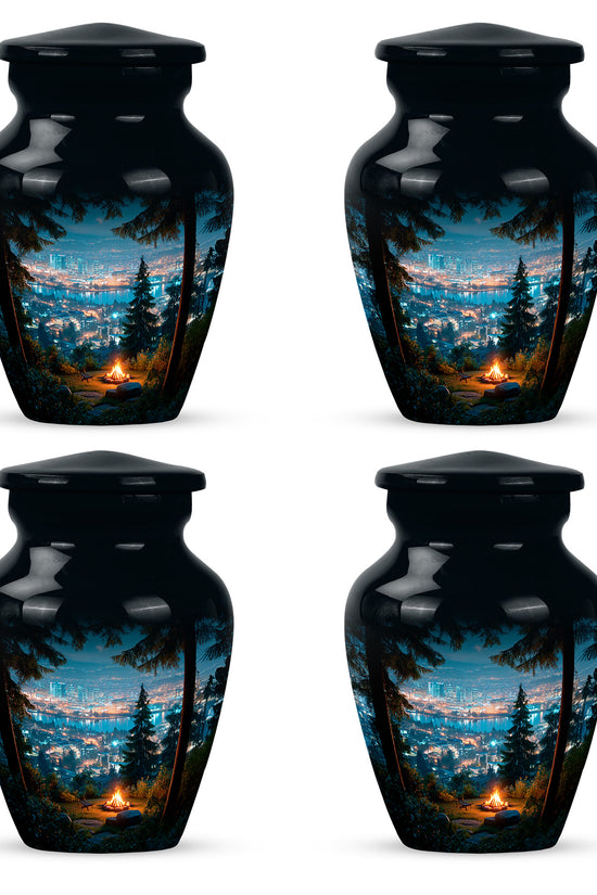 Royal Blue Campfire Cremation Urn side profile showing urn shape - elegant classic campfire relief with fine detailing - 10 inch aluminum urn for cremated remains