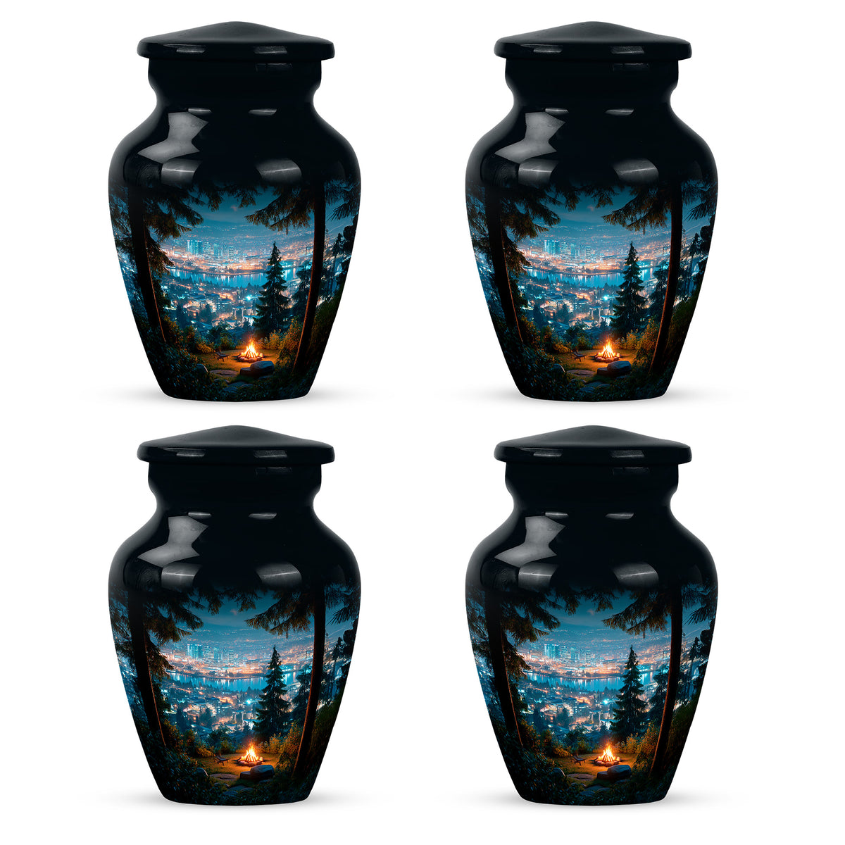 Royal Blue Campfire Cremation Urn side profile showing urn shape - elegant classic campfire relief with fine detailing - 10 inch aluminum urn for cremated remains