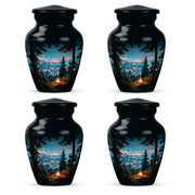 Royal Blue Campfire Cremation Urn side profile showing urn shape - elegant classic campfire relief with fine detailing - 10 inch aluminum urn for cremated remains