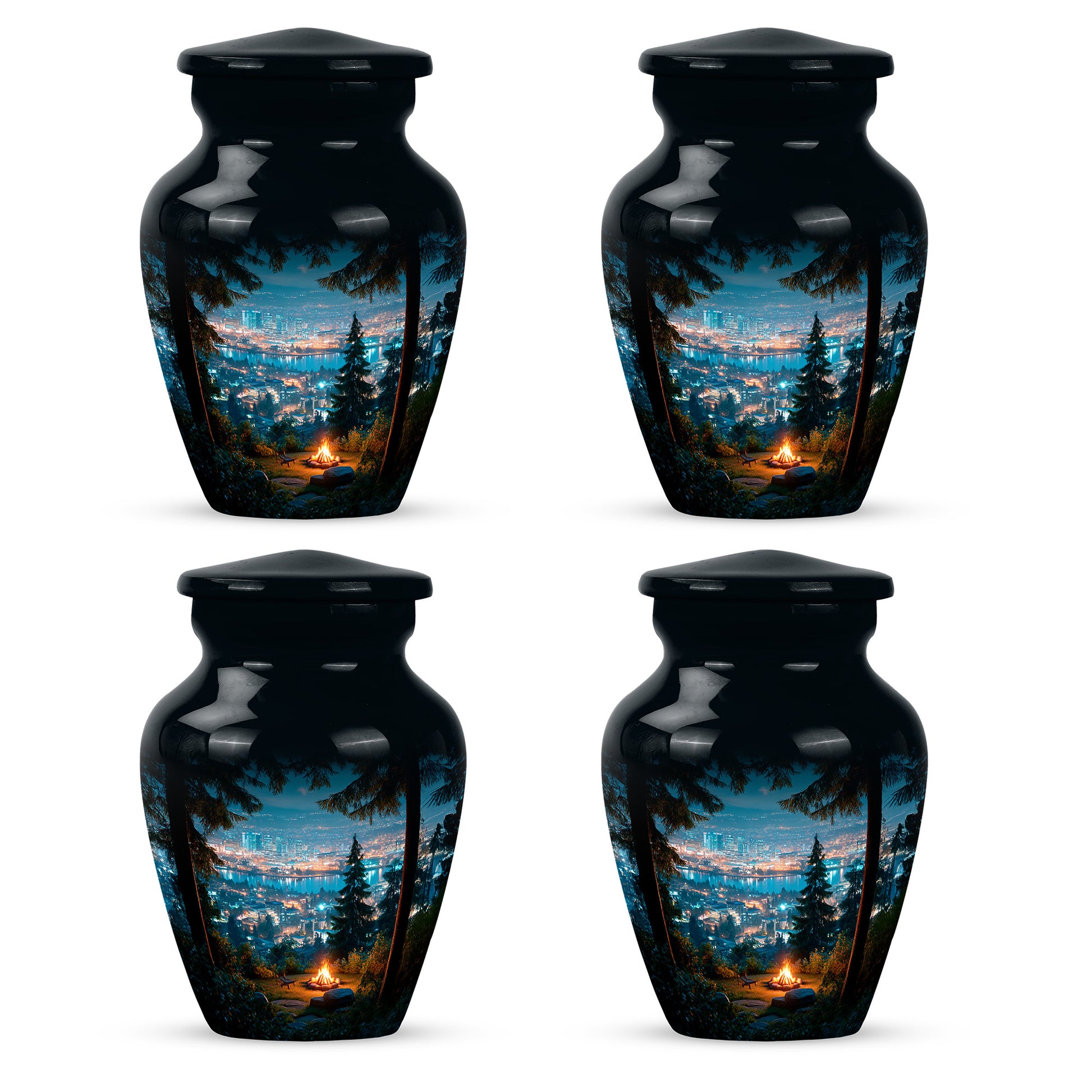 Royal Blue Campfire Cremation Urn side profile showing urn shape - elegant classic campfire relief with fine detailing - 10 inch aluminum urn for cremated remains