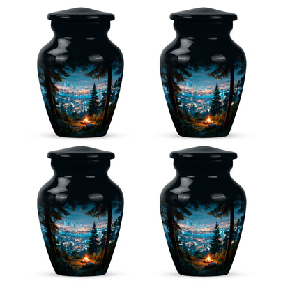 Royal Blue Campfire Cremation Urn side profile showing urn shape - elegant classic campfire relief with fine detailing - 10 inch aluminum urn for cremated remains