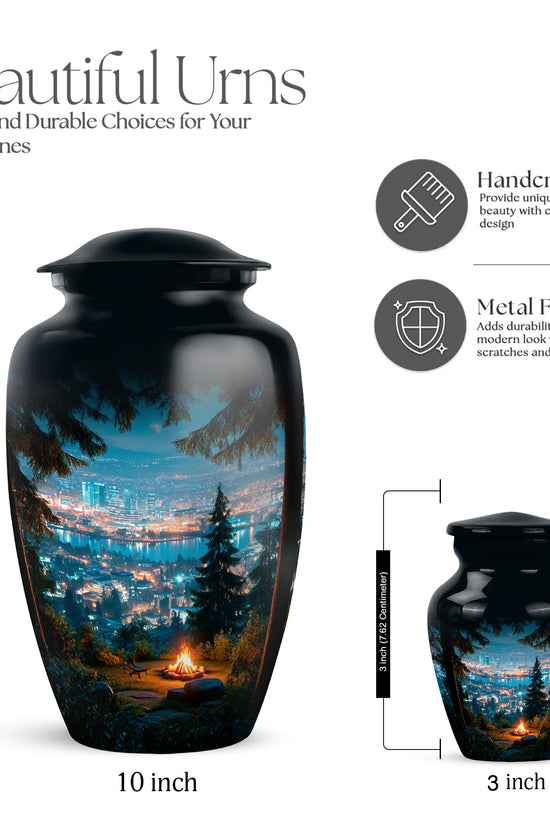 Twilight Blue Campfire Cremation Urn close-up of engraving and surface detail - elegant classic campfire relief with fine detailing - mini keepsake memorial for portion of cremation ashes