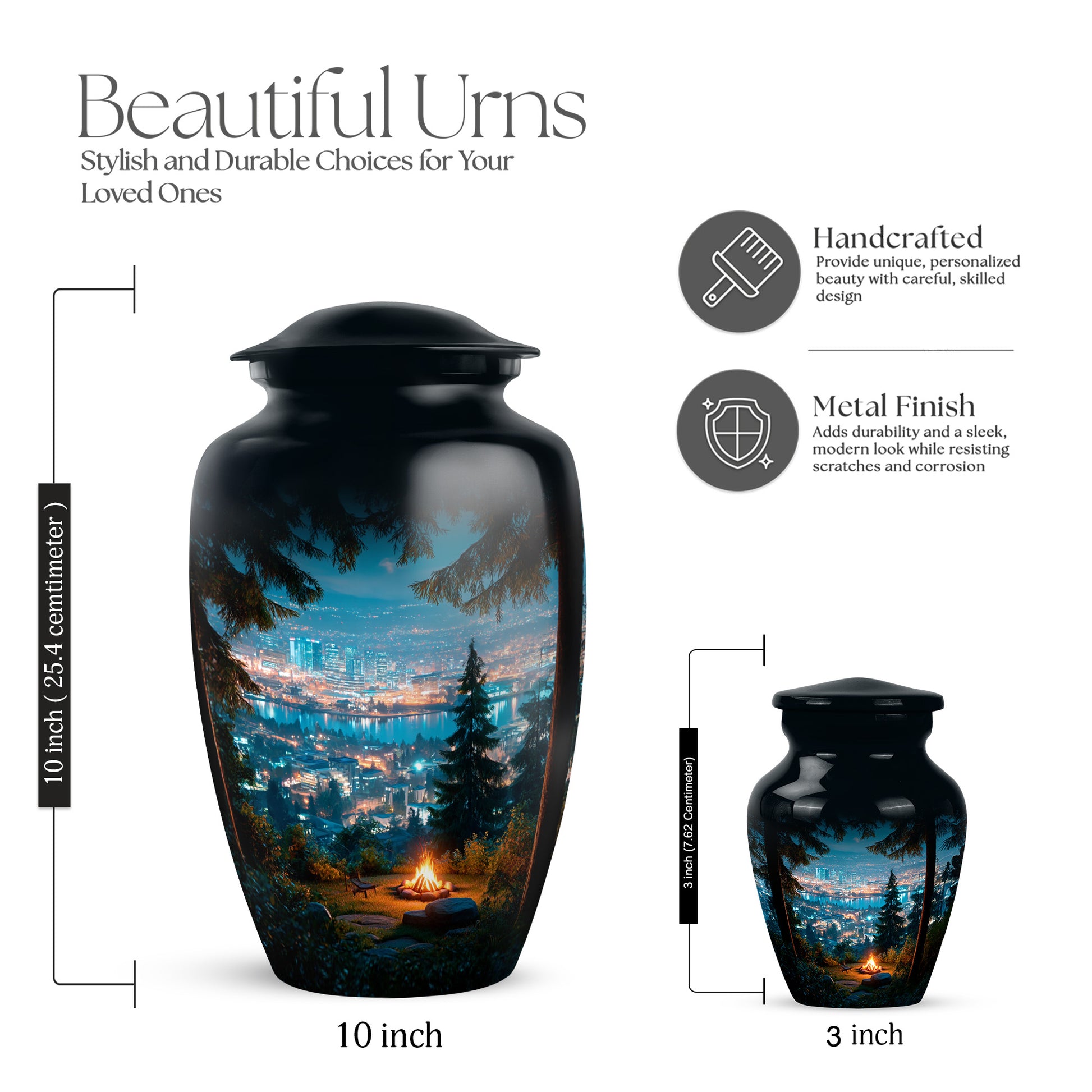 Twilight Blue Campfire Cremation Urn close-up of engraving and surface detail - elegant classic campfire relief with fine detailing - mini keepsake memorial for portion of cremation ashes