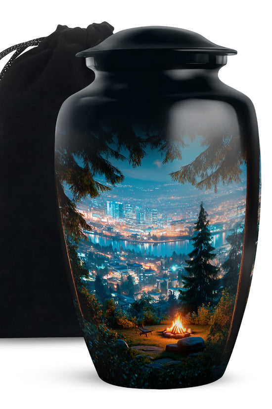 Sapphire Blue Campfire Cremation Urn angled view of lid and engraved motif - elegant classic campfire relief with fine detailing - full-size 10 inch 200 cubic inch adult cremation urn
