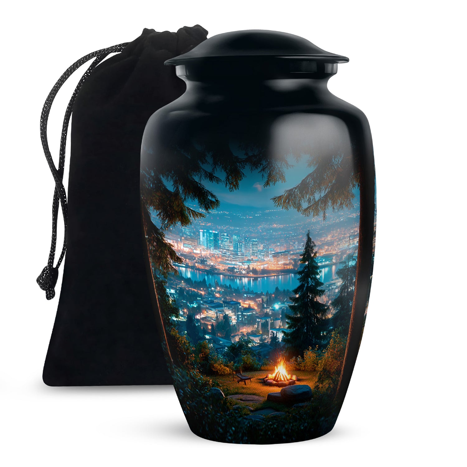 Sapphire Blue Campfire Cremation Urn angled view of lid and engraved motif - elegant classic campfire relief with fine detailing - full-size 10 inch 200 cubic inch adult cremation urn