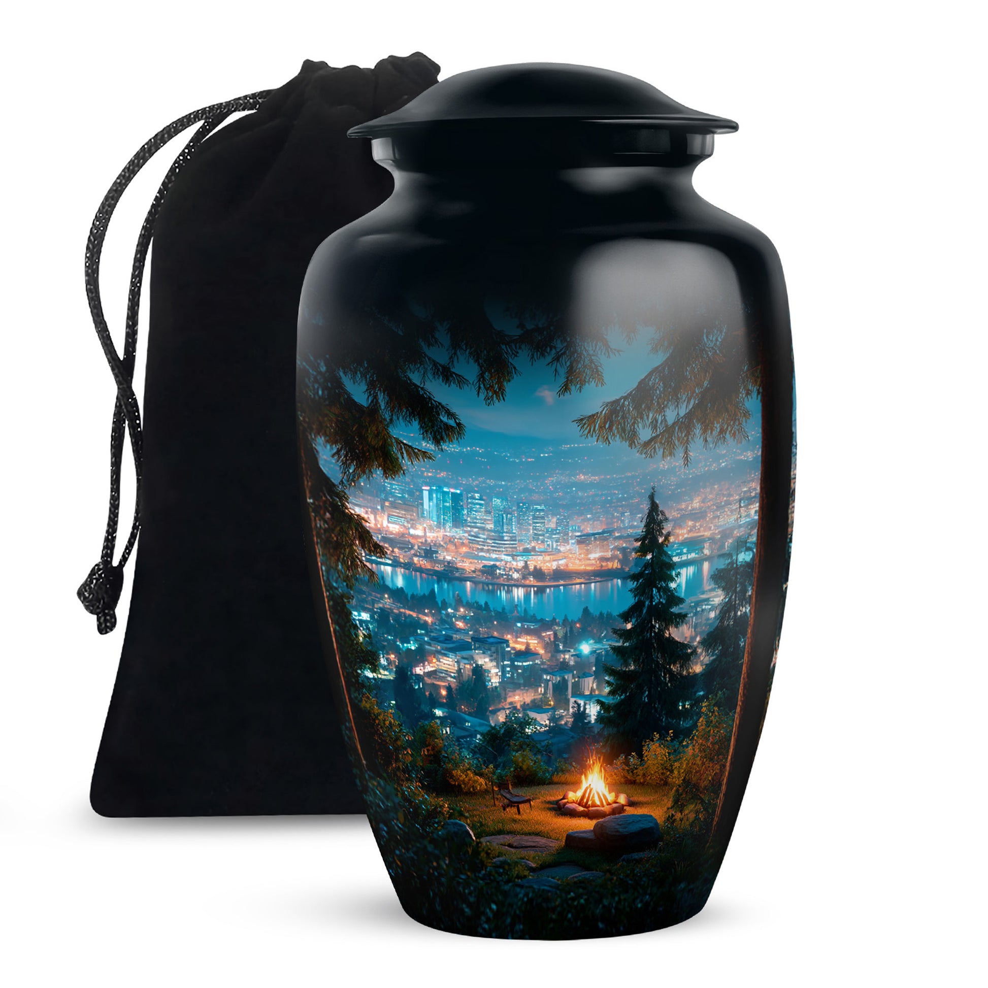 Sapphire Blue Campfire Cremation Urn angled view of lid and engraved motif - elegant classic campfire relief with fine detailing - full-size 10 inch 200 cubic inch adult cremation urn