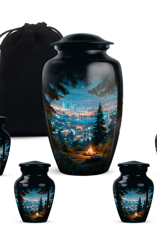 Icy Blue Campfire Cremation Urn top-down view of secure threaded lid - timeless campfire motif etched into premium metal - memorial set with one large and four small urns