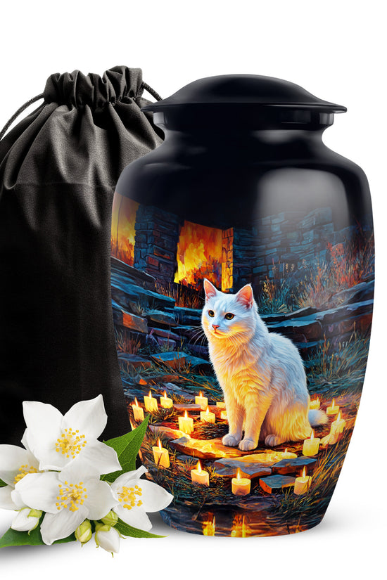 White Cat Cremation Urn - Black Aluminium Funeral Urn For Pet Ashes