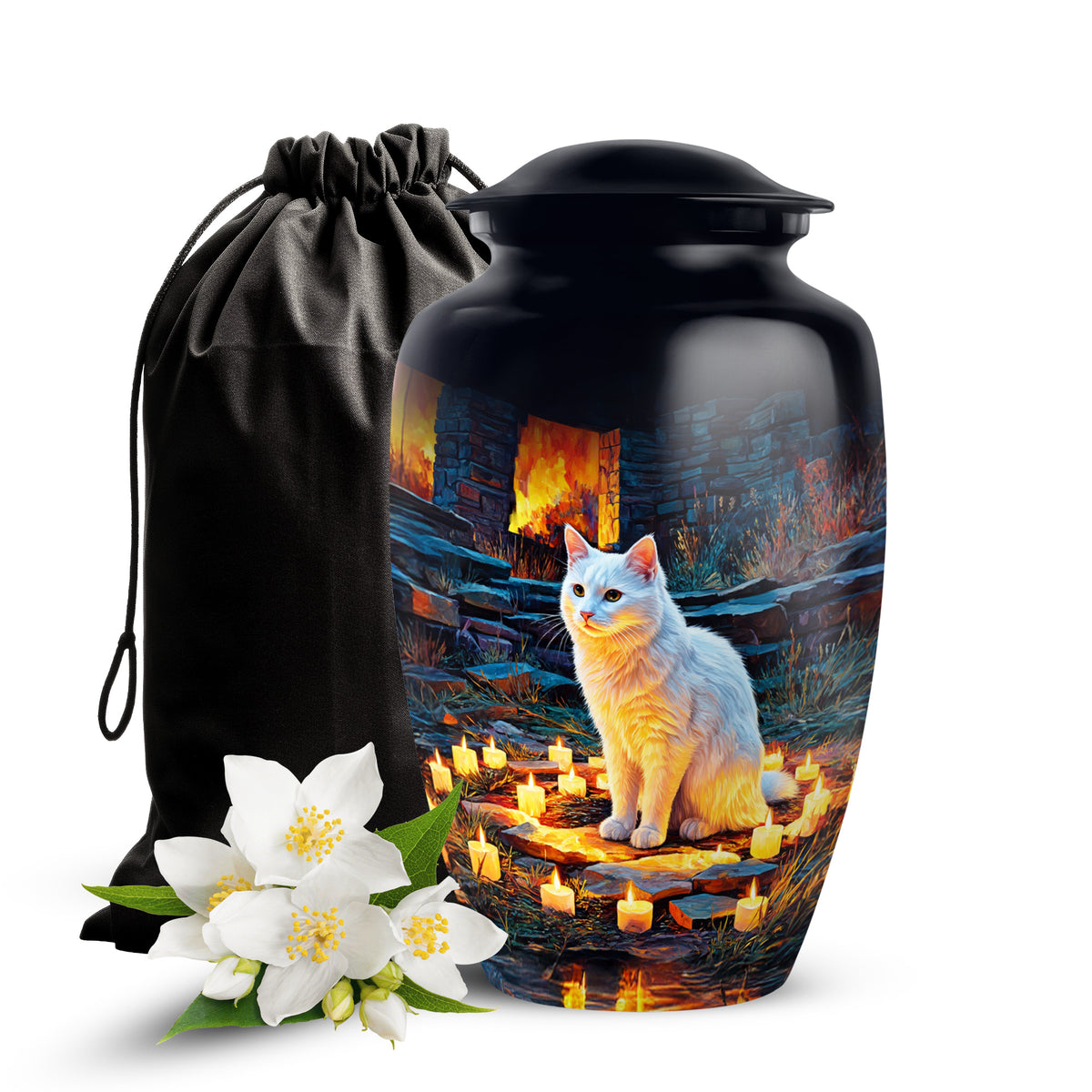 White Cat Cremation Urn - Black Aluminium Funeral Urn For Pet Ashes