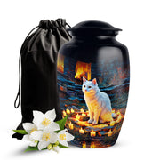 White Cat Cremation Urn - Black Aluminium Funeral Urn For Pet Ashes