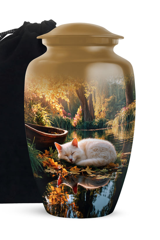 White Cat Theme Memorial Urn - Large Funeral Urn For Ashes