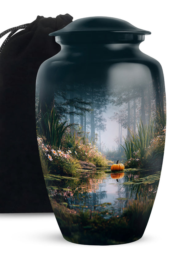 Peaceful Nature Forest Lake Cremation Urn - Aluminium Funeral Urn For Ashes