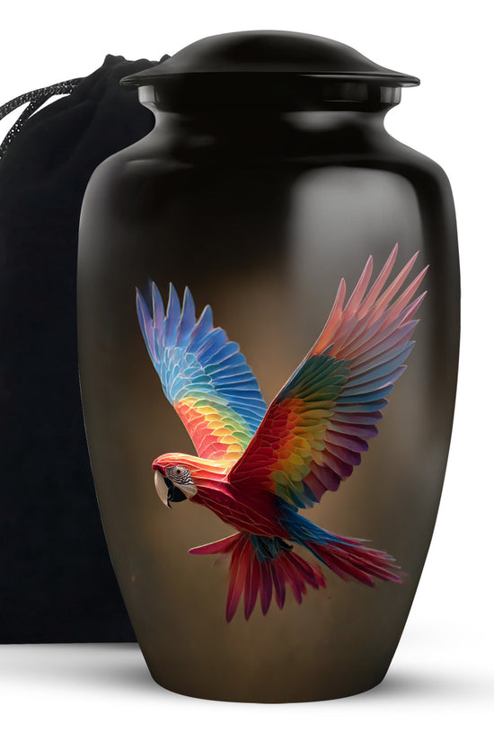 Colourful Parrot Funeral Urn - Black Aluminium Memorial Urn For Adult Ashes