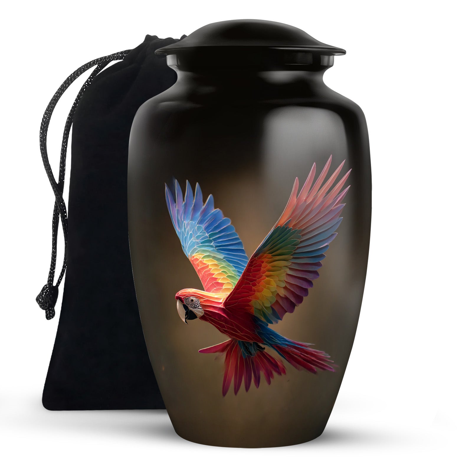Colourful Parrot Funeral Urn - Black Aluminium Memorial Urn For Adult Ashes
