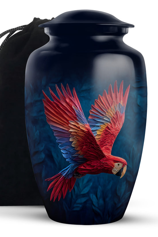 Red Parrot Memorial Urn - Beautiful Aluminium Funeral Urn For Ashes