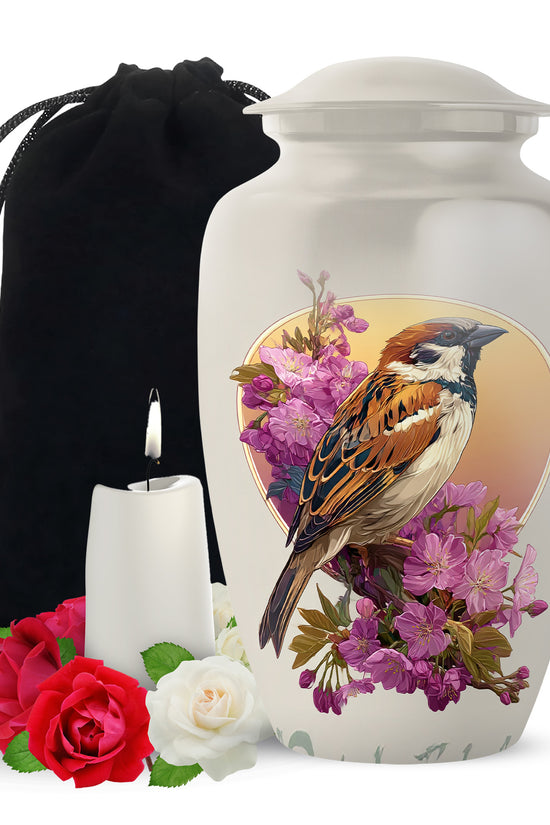 Floral Sparrow Memorial Urn - Floral Memorial Urn for Male & Female