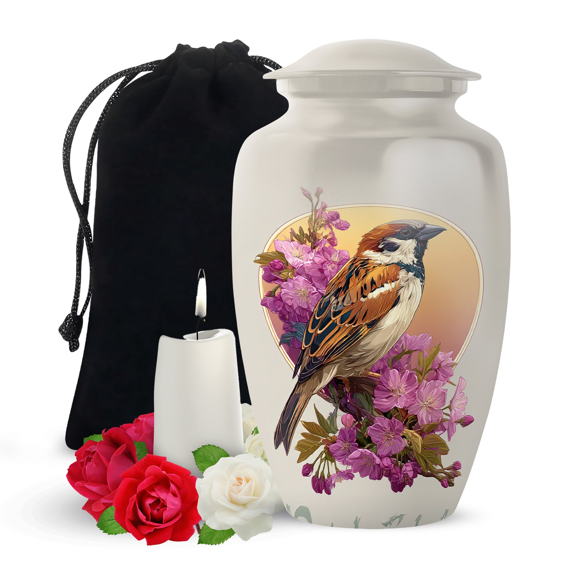 Floral Sparrow Memorial Urn - Floral Memorial Urn for Male & Female