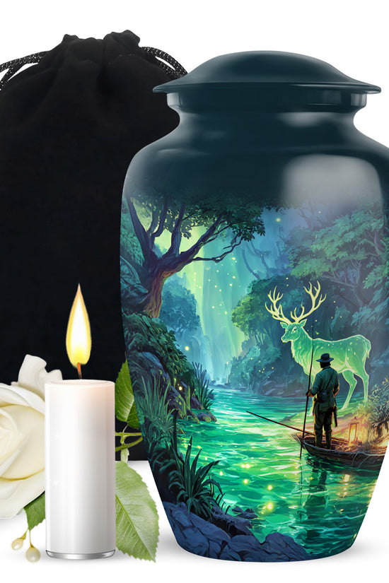 Serene Forest River Deer Memorial Urn - Fisherman Memorial Urn For Adult Ashes
