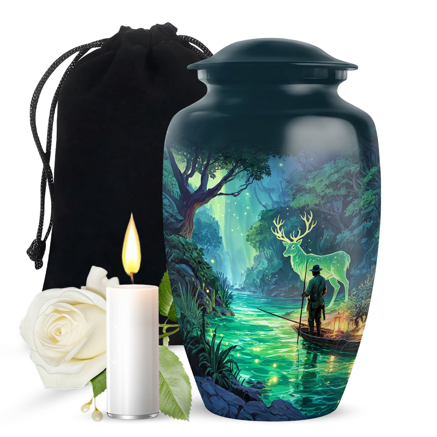 Serene Forest River Deer Memorial Urn - Fisherman Memorial Urn For Adult Ashes
