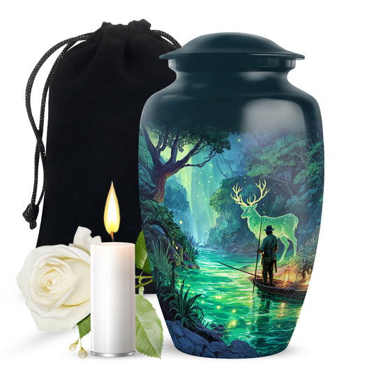 Serene Forest River Deer Memorial Urn - Fisherman Memorial Urn For Adult Ashes