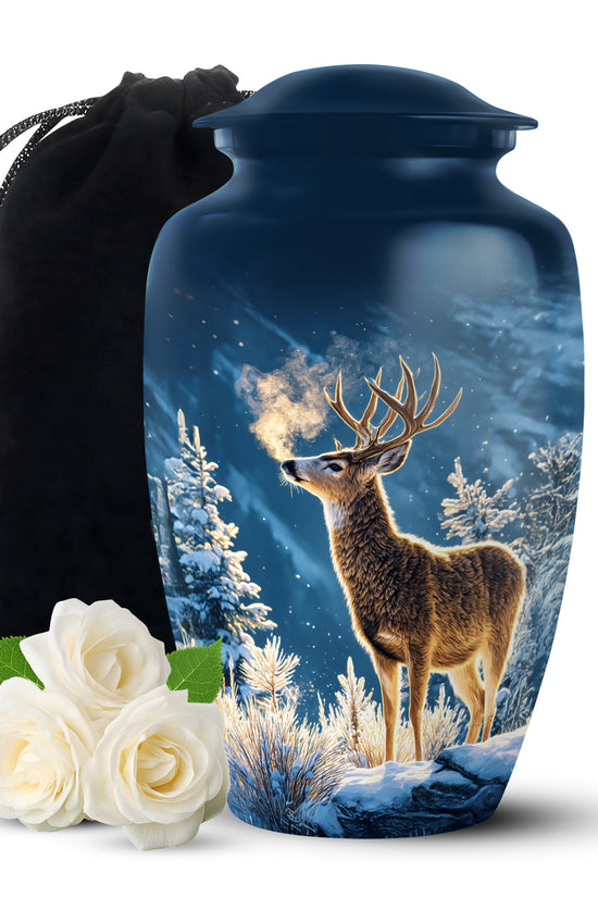 Winter Wildlife Deer Theme Funeral Urn - Aluminium Memorial Urn For Burial