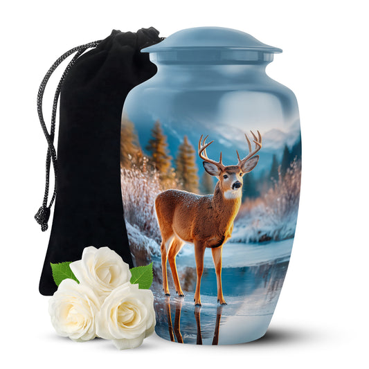 Nature Deer Funeral Urn - Winter Frozen Lake Memorial Urn For Loved Ones