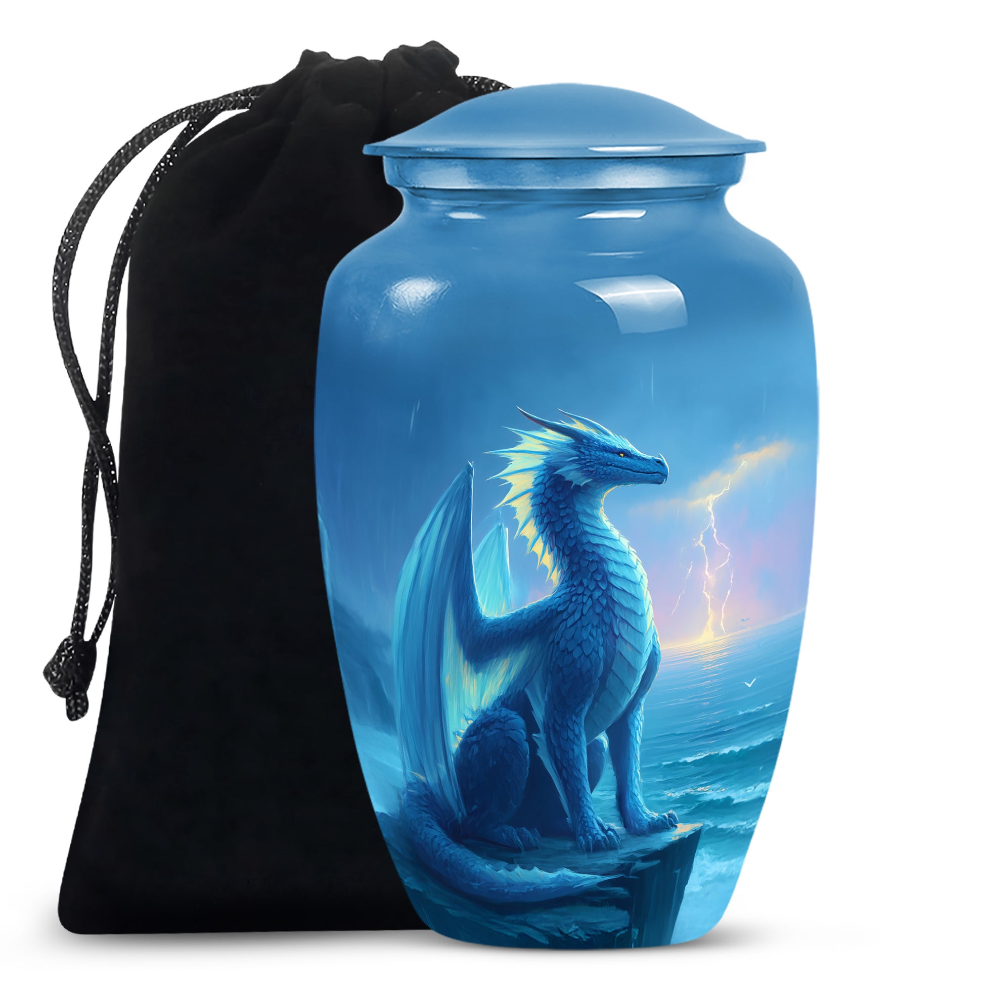 Blue Dragon Cremation Urn - Blue Aluminium Funeral Urn For Ashes