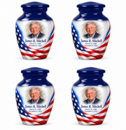 Personalized American flag Classic urn, 4 Keepsake 3 inch Urns; sample portrait and memorial text