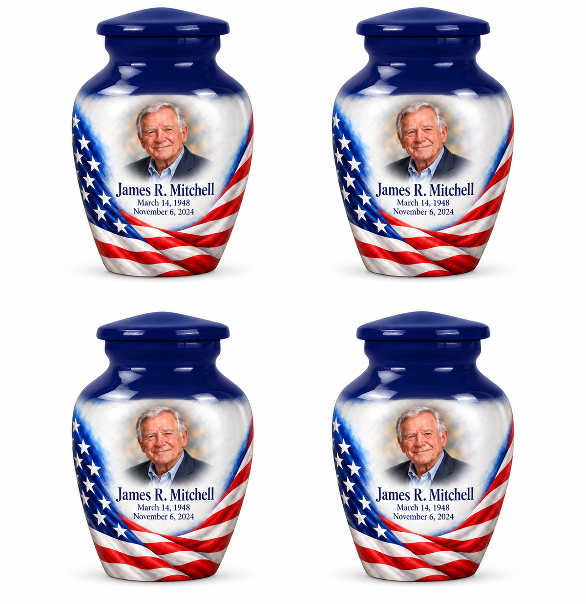 Personalized American flag Classic urn, 4 Keepsake 3 inch Urns; sample portrait and memorial text