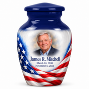 Personalized American flag Classic urn, 1 Keepsake 3 inch Urn; sample portrait and memorial text