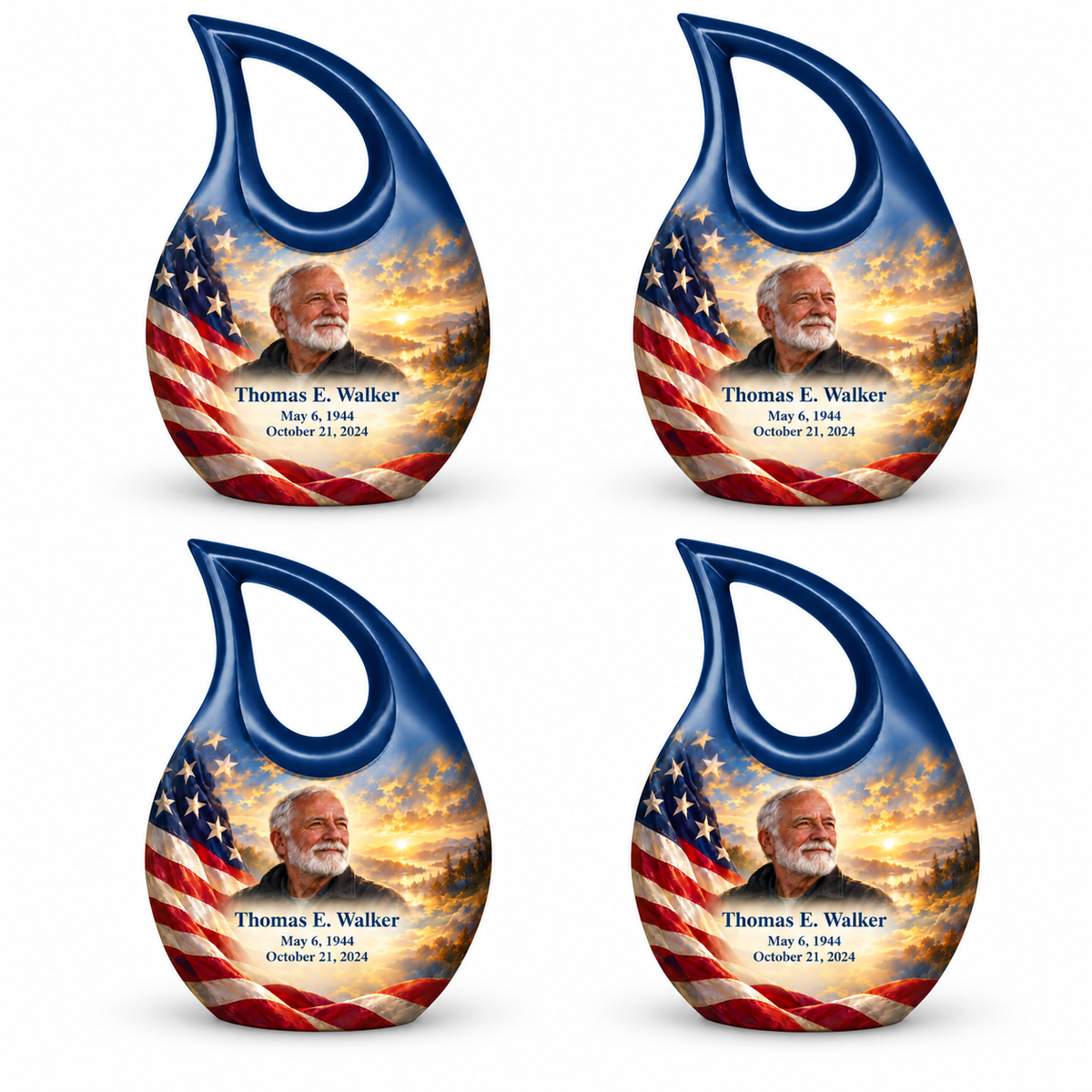 Personalized American flag Cross Drop urn, 4 Keepsake 3 inch Urns; sample portrait and memorial text