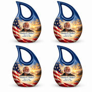 Personalized American flag Cross Drop urn, 4 Keepsake 3 inch Urns; sample portrait and memorial text