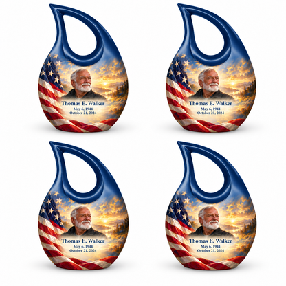 Personalized American flag Cross Drop urn, 4 Keepsake 3 inch Urns; sample portrait and memorial text