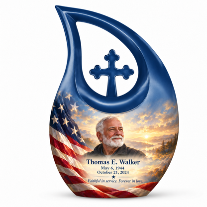 Personalized American flag Cross Drop urn, 10 inch large Urn; sample portrait and memorial text